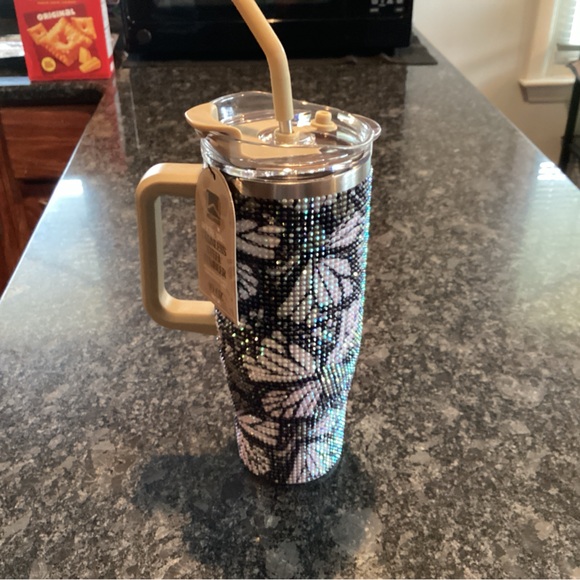 Butterfly Patterned Travel Tumbler with Straw - Black and Cream - Picture 1 of 4